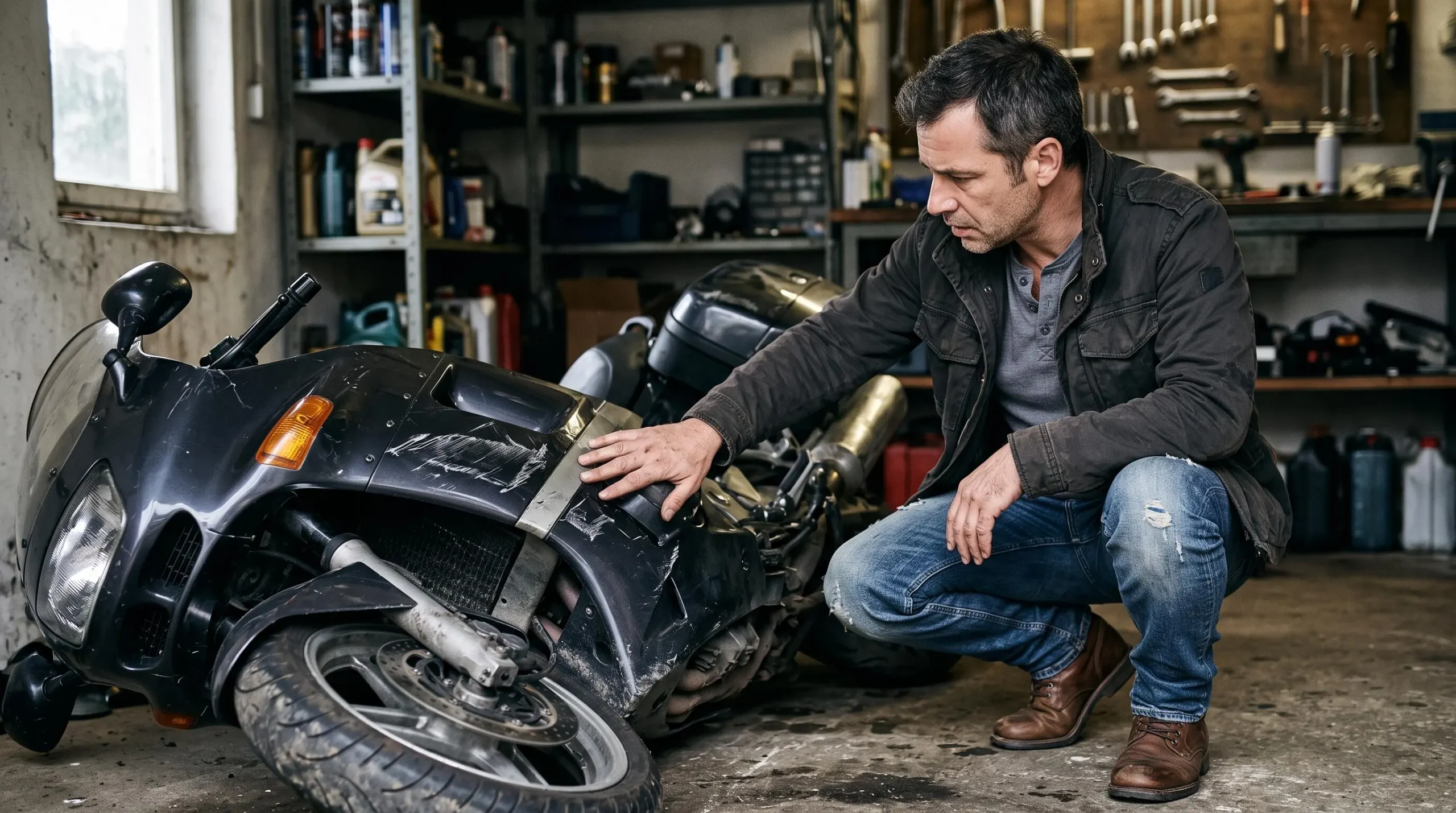 Un homme accroupi examine la carénage rayé de sa moto tombée dans son garage.