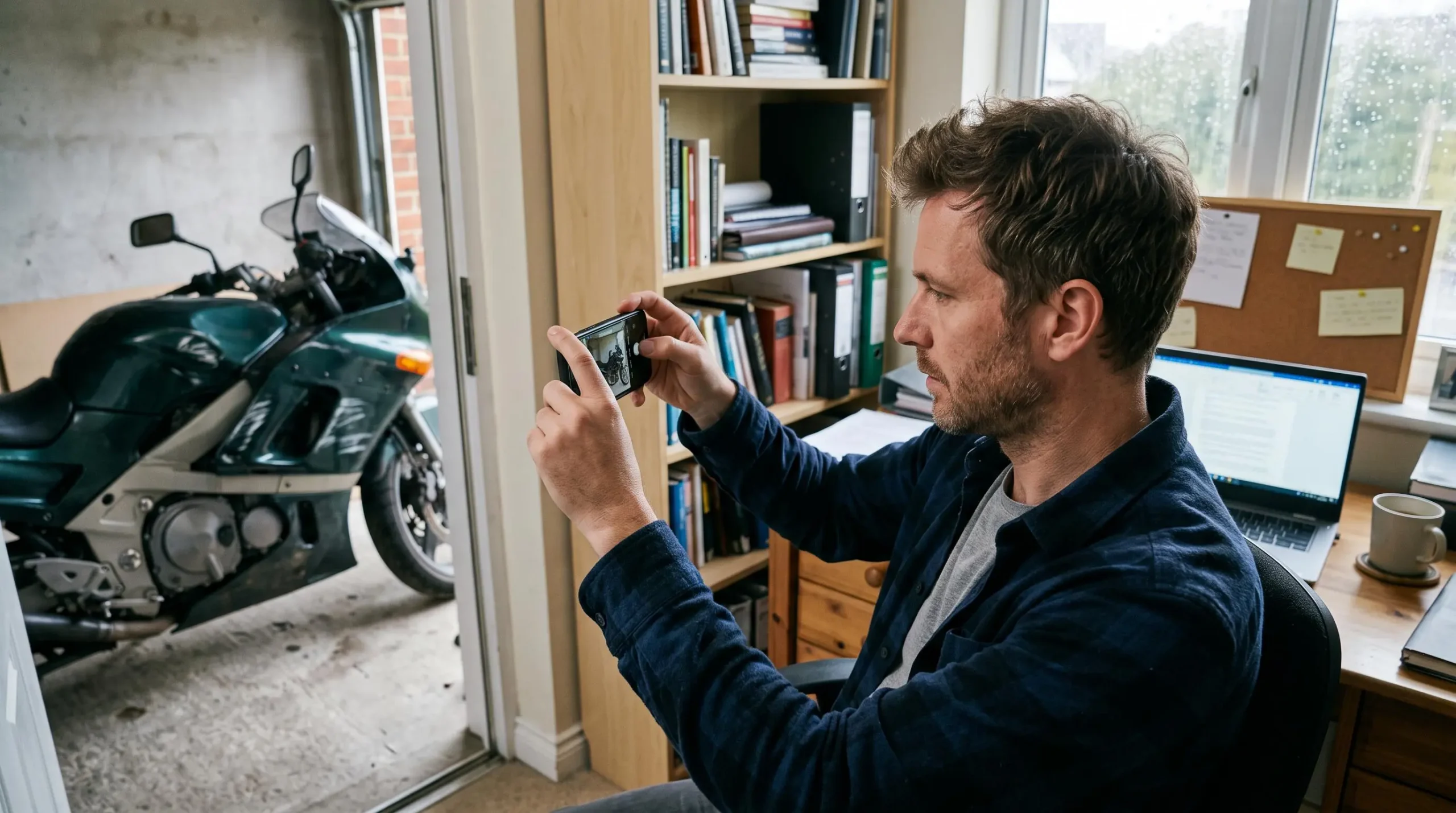 Un homme photographie avec son téléphone les dommages de sa moto depuis son bureau.