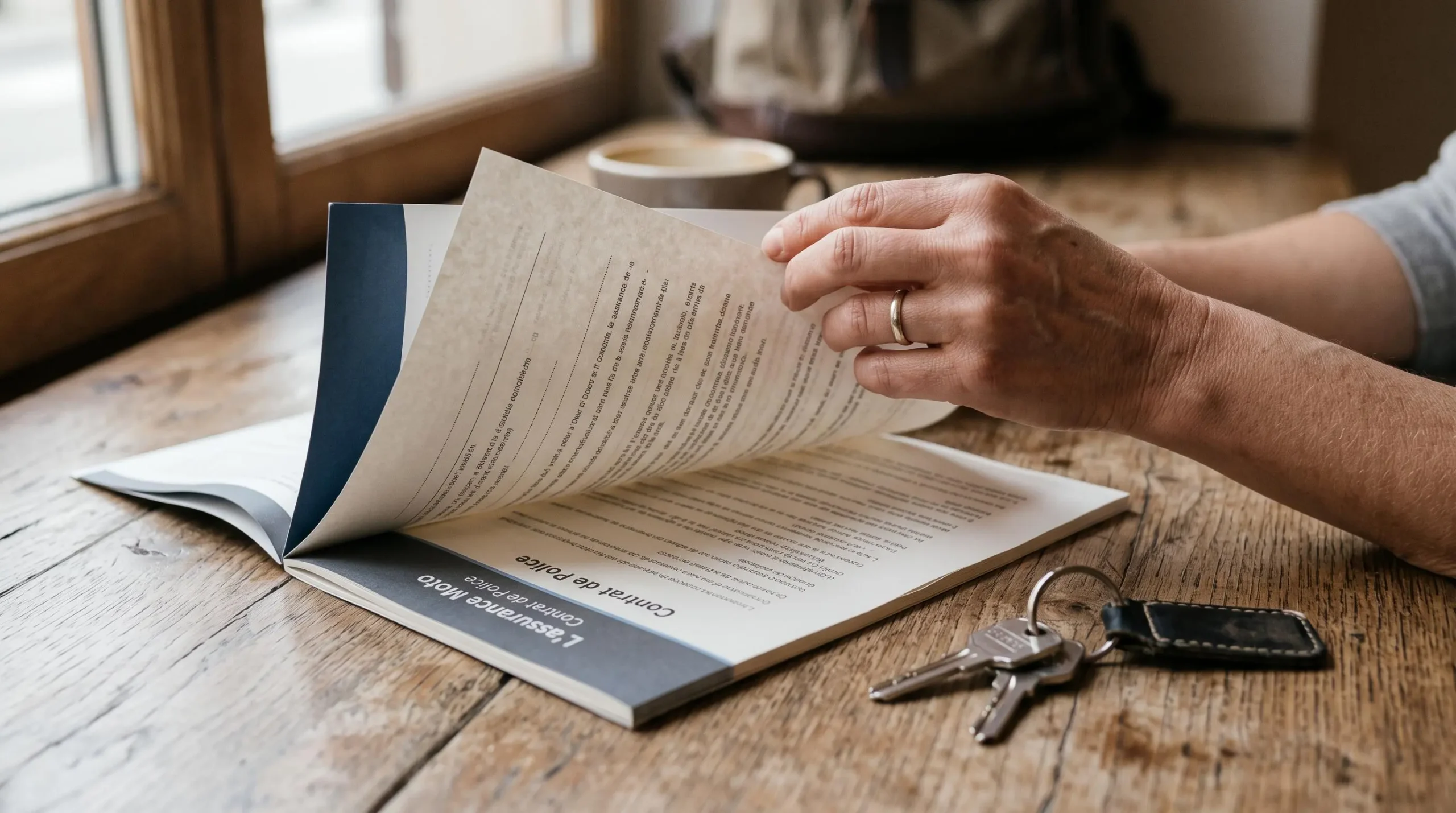 Une main tourne la page d'un livret d'assurance moto posé sur une table en bois.