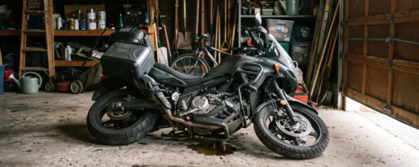 Une moto de tourisme couchée au sol dans un garage domestique éclairé en lumière naturelle.