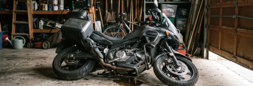Une moto de tourisme couchée au sol dans un garage domestique éclairé en lumière naturelle.
